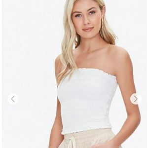 White Smocked Tube Crop Top
